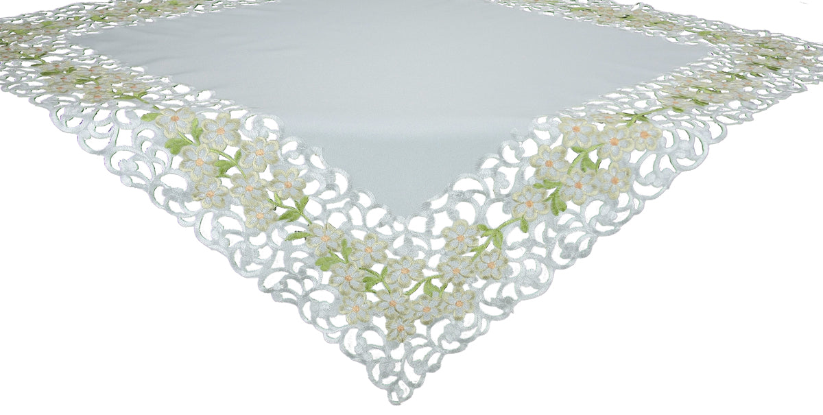 Xia Home Fashions Floral Cutwork Embroidered Table Topper Lace Border 34x34 Inch Blue White