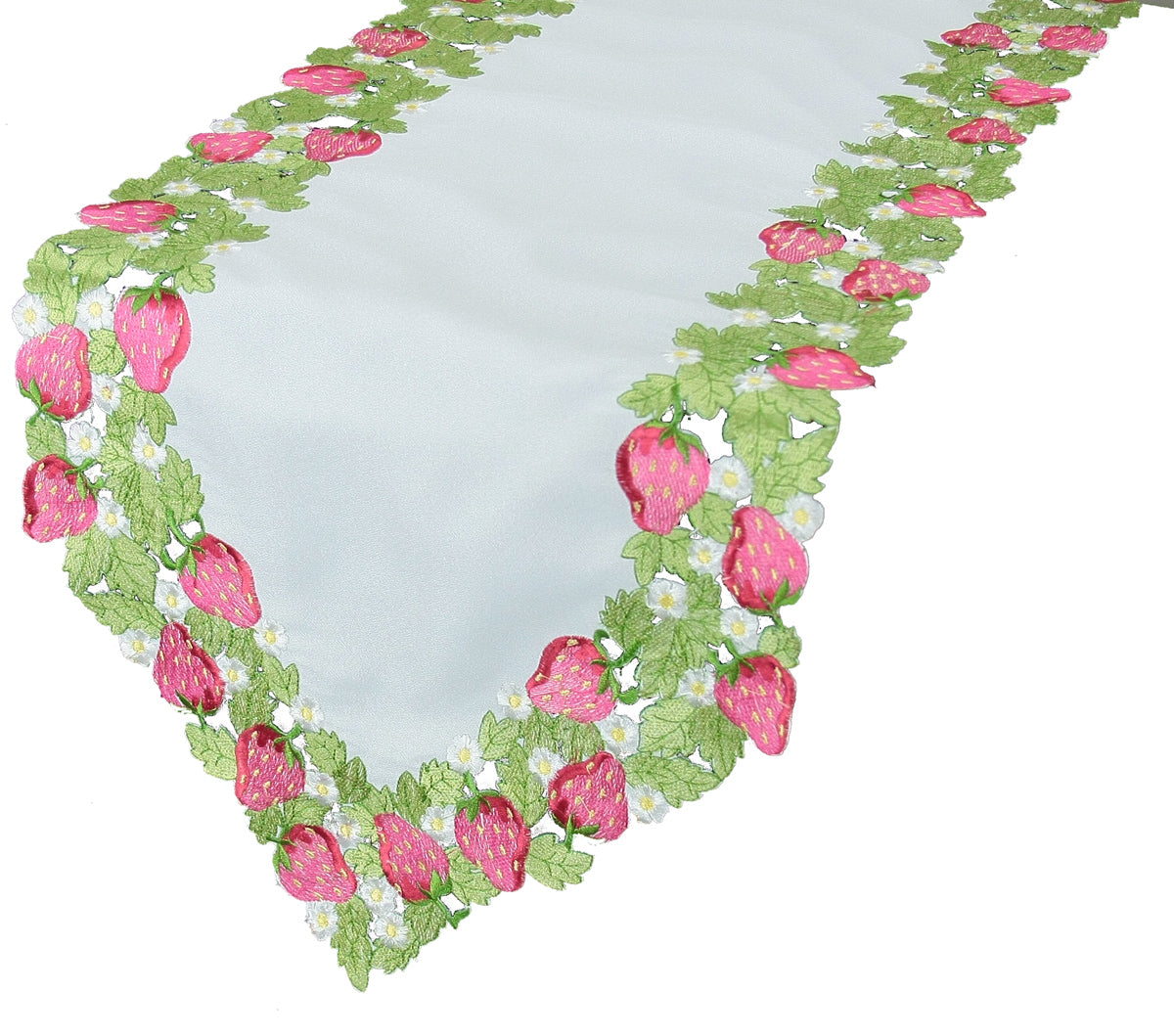 Xia Home Fashions Strawberry Floral Cutwork Embroidered Mini Table Runner 12x48 Inch Red Green White