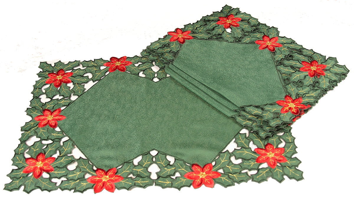 XD93248 Holly Leaf Poinsettia Placemats 14x20 Set of 4 Poliviscose