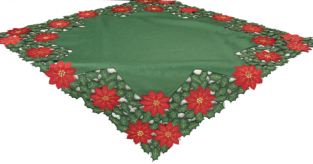 XD93248 Holly Leaf Poinsettia Table Topper 34x34 Poliviscose