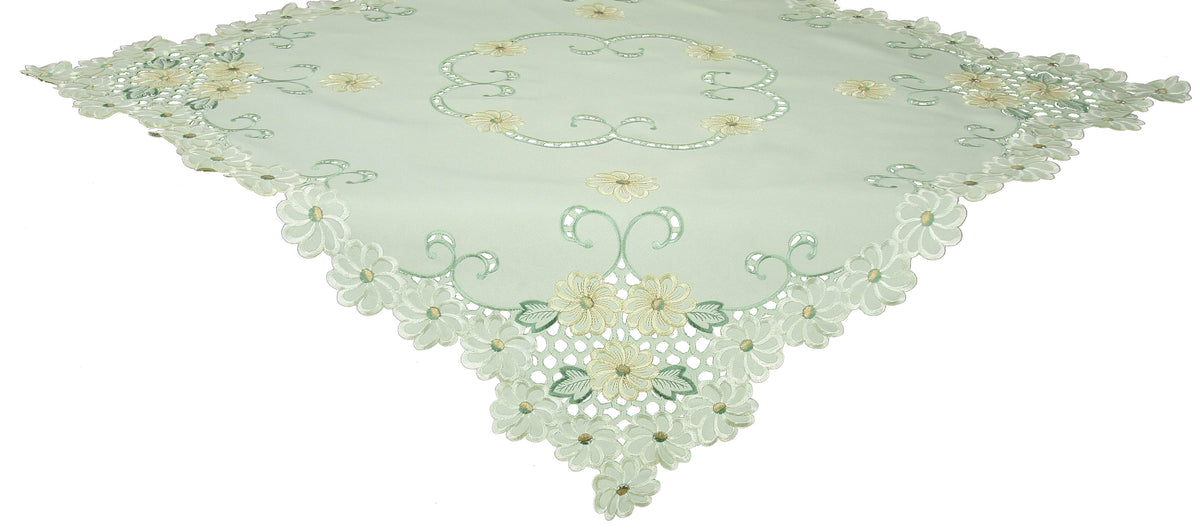 XD93250-Emerald Daisy Poliviscose Table Topper Embroidered Floral Cutwork 34x34 Ivory/Green