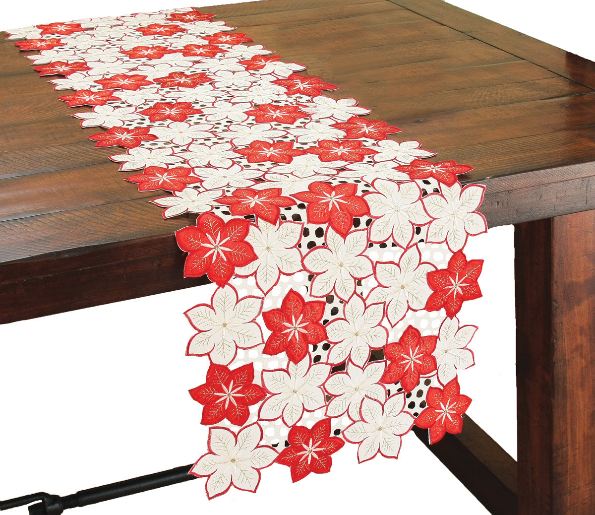 XD99022 Candy Cane Poinsettia Cutwork Mini Table Runner 12x28 Poliviscose