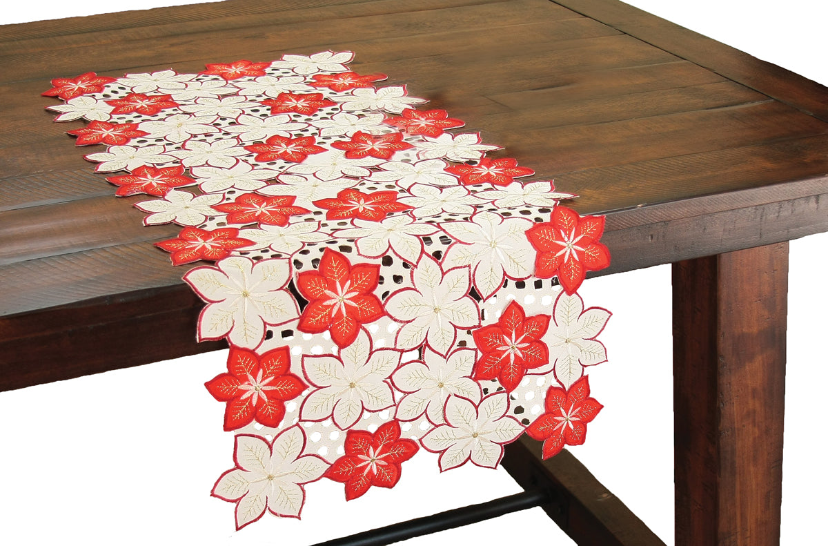 XD99022 Candy Cane Poinsettia Cutwork Mini Table Runner 12x28 Poliviscose