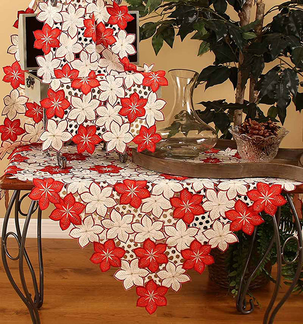 XD99022 Candy Cane Poinsettia Cutwork Table Topper 36x36 Poliviscose