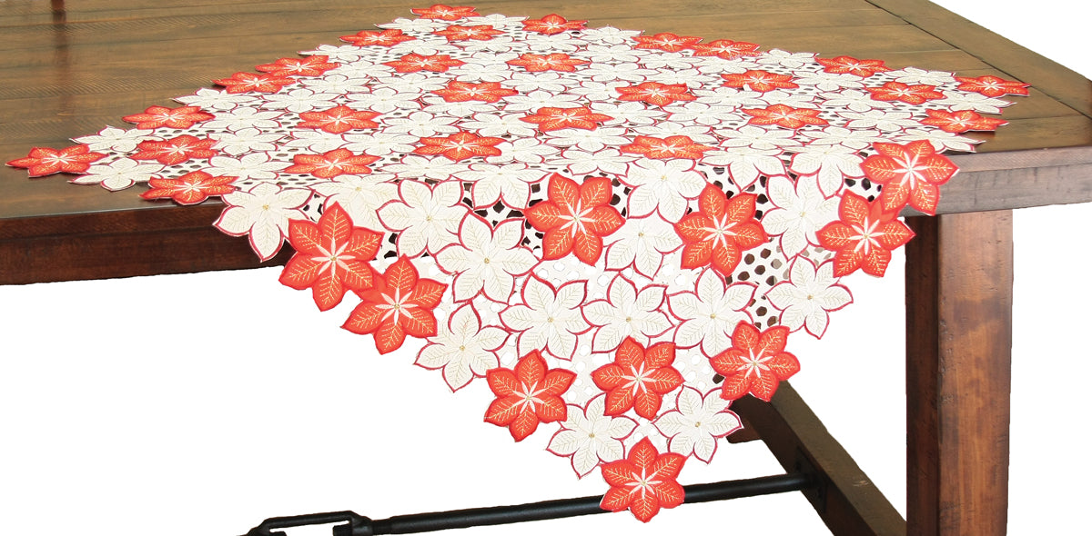 XD99022 Candy Cane Poinsettia Cutwork Table Topper 36x36 Poliviscose
