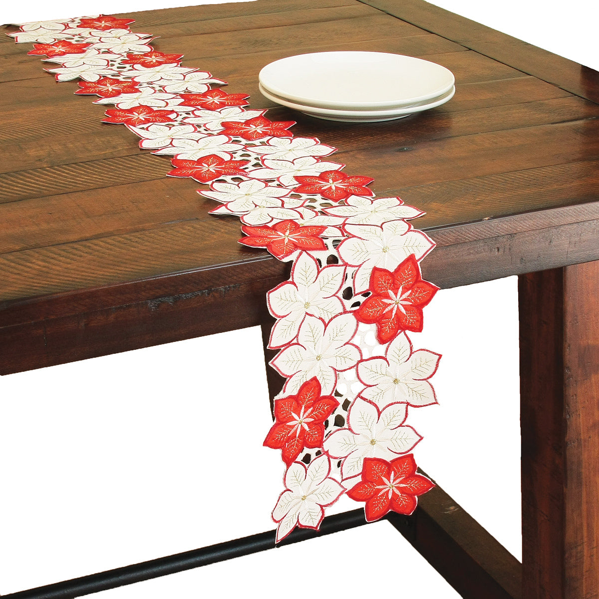 XD99022 Candy Cane Poinsettia Cutwork Mini Table Runner 12x28 Poliviscose