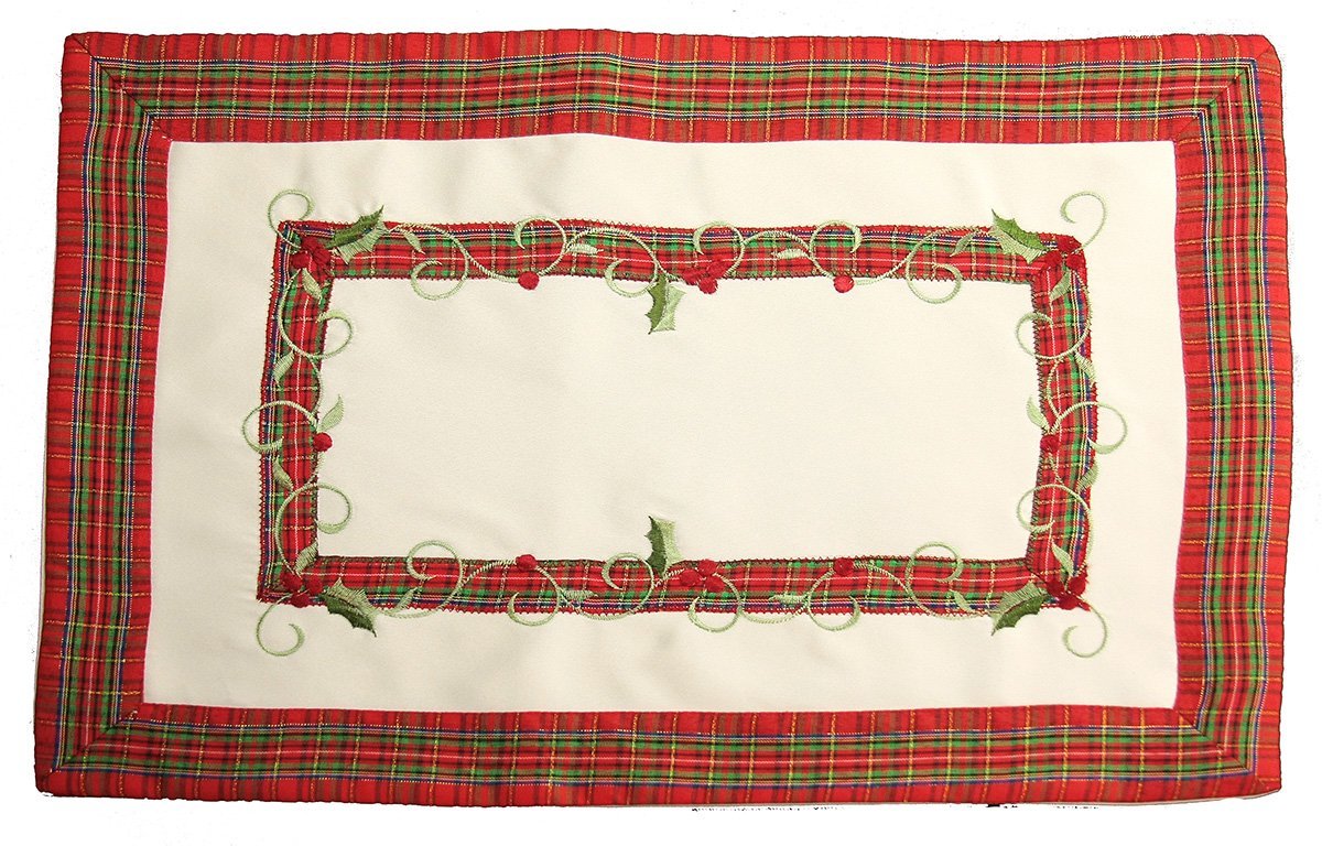 XD99904 Tartan Ribbon Holly Placemats 14x20 Set of 4 White Poliviscose