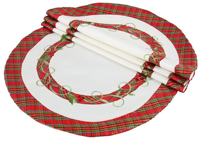 XD99904 Tartan Ribbon Holly Doilies 8 Round Set of 4 White Poliviscose