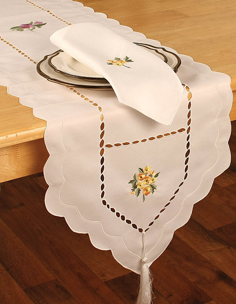 Xia Home Fashions Bouquet Embroidered Table Runner with Cutwork Border, 16x36, White Multi