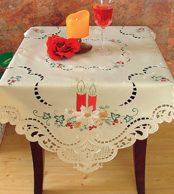 XD56511 Christmas Candle Embroidered Cutwork Table Topper 36x36 Ivory Poliviscose