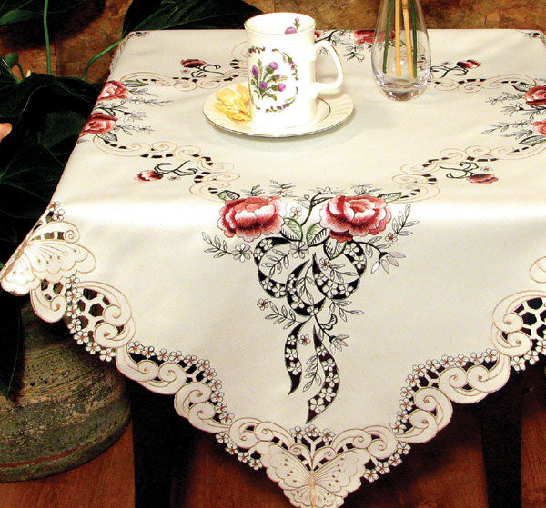 Xia Home Fashions Splendid Meadow Table Topper Embroidery Cutwork 34x34 White