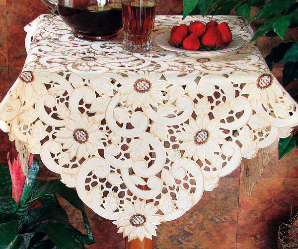 Xia Home Fashions Sunflower Table Topper Embroidery Cutwork 36x36 Ivory