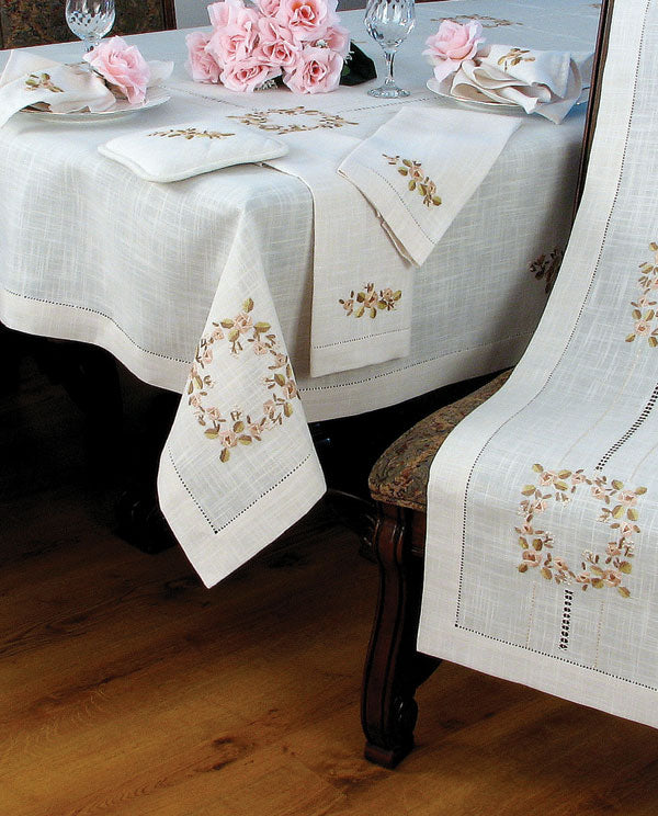 Xia Home Fashions Crewel Rose Placemats Embroidery Hemstitch 14x20 Ivory Set of 4