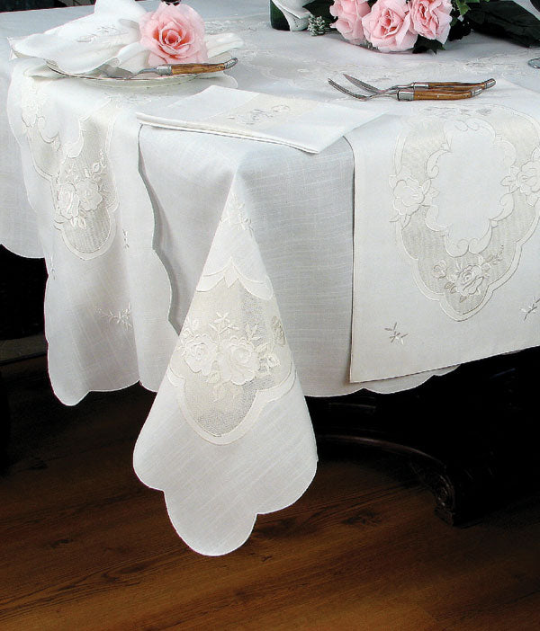 Xia Home Fashions Victorian Rose Table Runner Embroidered Scalloped Edge 15x54 White