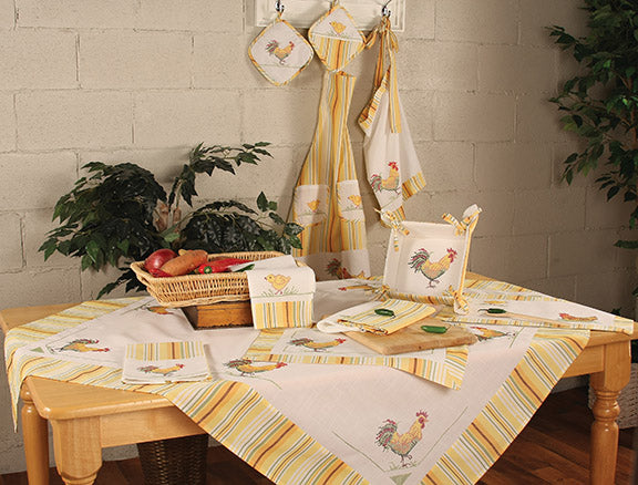 XD755003-Rooster Polyester Cotton Blend Table Runner Embroidered Farmhouse 15x72 Yellow